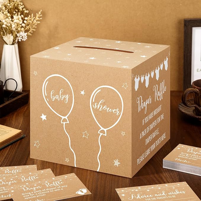 Teling 51 Pieces Diaper Raffle Tickets with Card Box Baby Shower Decorations Baby Shower Holder Box for Girl Boy Diaper Raffle Party(Kraft Paper Style)