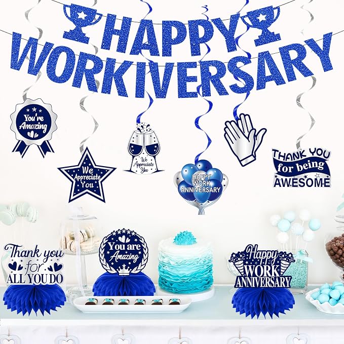 Zirtorei Happy Workiversary Decorations for Men Employee, 11pcs Blue Silver Work Anniversary Banner Party Supplies, Workiversary Honeycomb Centerpieces Hanging Swirls Business Gift for Office