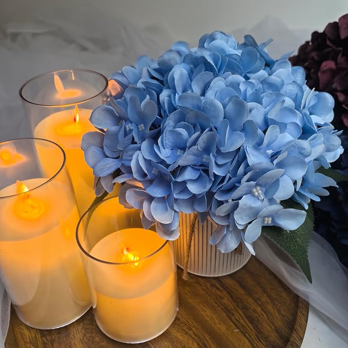 Flower Table Centerpieces - Set of 6 Floral Arrangement Artificial Wedding Hydrangeas Floral Arrangement with Rustic Metal Vase for Bridal Tea Party Event Decorations - Pastel Blue