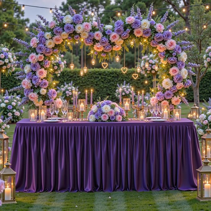 2 Packs Purple Polyester Tablecloths Rectangle Tables 4ft, Stretch Fitted Table Covers for 4 Foot Tables Wrinkle Free Rectangle Table Cloth with Skirt for Birthday Party Events Banquet Baby Shower