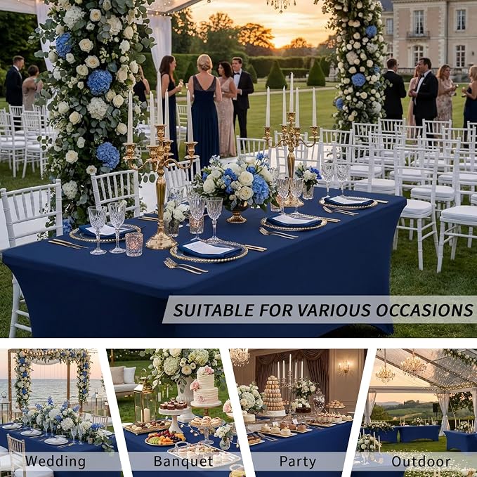 Fixwal Navy Blue Stretch Table Cloth Rectangle 2 Pack 6Ft, Spandex Fitted Table Covers Washable for Party, Trade Show, Banquet, Wedding, Buffet