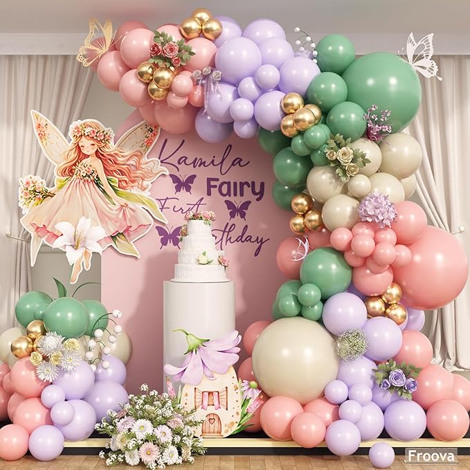 Sage Green Purple Pink Balloon Garland Arch Kit, 125pcs Dusty Green Pastel Lavender Purple Blush Pink White Sand Metallic Gold Fairy Balloon for Baby Shower Birthday Wildflower Floral Party Decoration