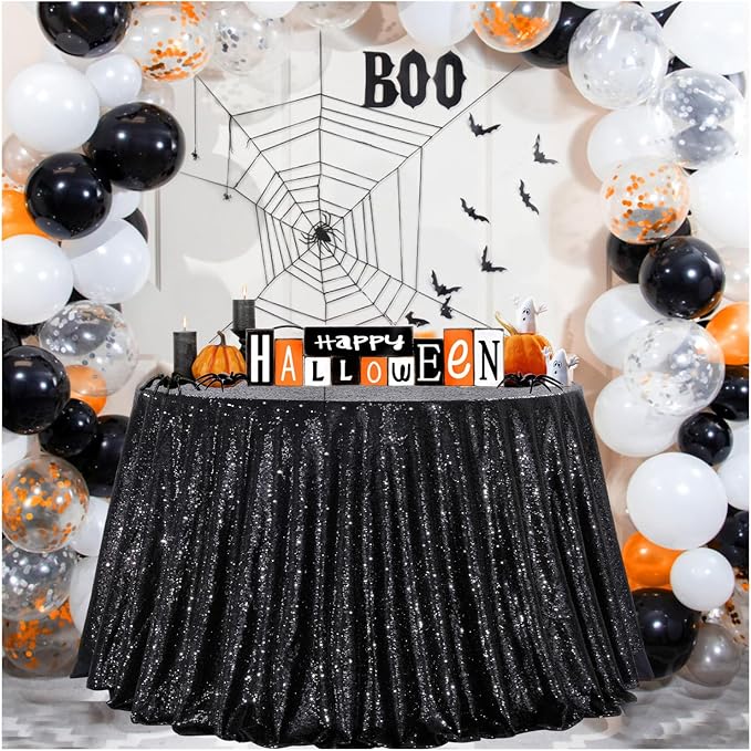 B-COOL Round Tablecloth Sequin Draping Decorations: 132 Inch Tablecloths Black Sequence Overlay Shimmer Fabric for Birthday Dinner Parties Halloween