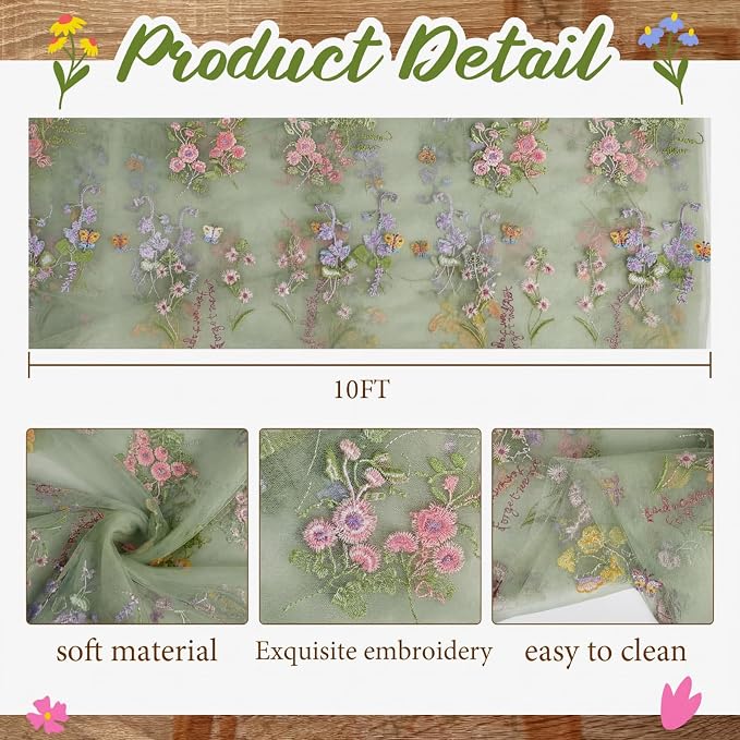 Sage Green Floral Table Runner 10ft Embroidery Tulle Spring Wildflower Table Runner Seasonal Summer Butterfly Kitchen Dining Gauze Decoration for Wedding Baby Shower Birthday Party (1 Pcs)