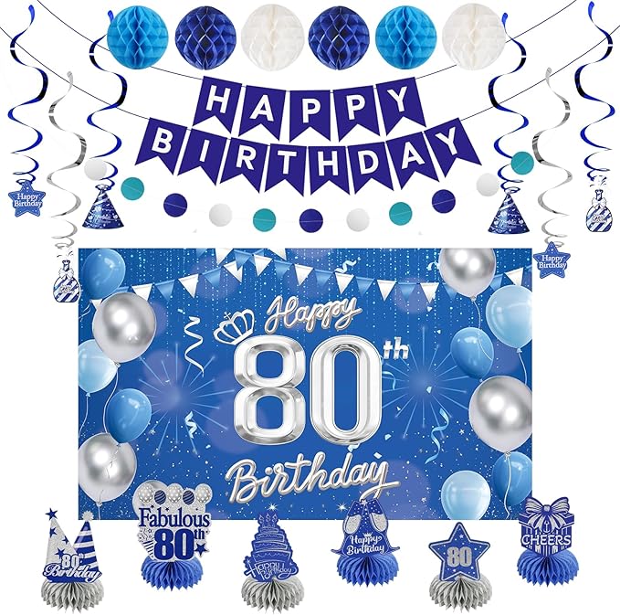 Happy 80th Birthday Party Decoration: Including Birthday Banner Backdrop, Party Table Centerpieces and Hanging Swirl Party Streamers, Birthday Decor for Men and Women (Blue, 80th Birthday)