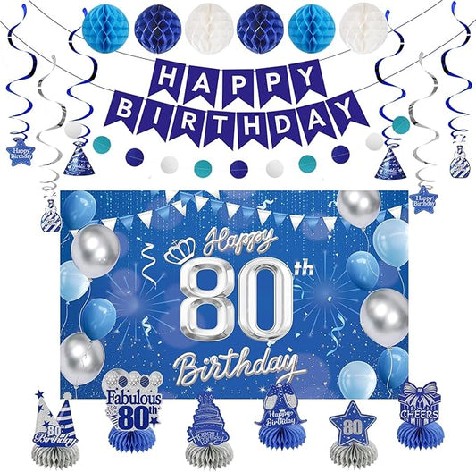 Happy 80th Birthday Party Decoration: Including Birthday Banner Backdrop, Party Table Centerpieces and Hanging Swirl Party Streamers, Birthday Decor for Men and Women (Blue, 80th Birthday)