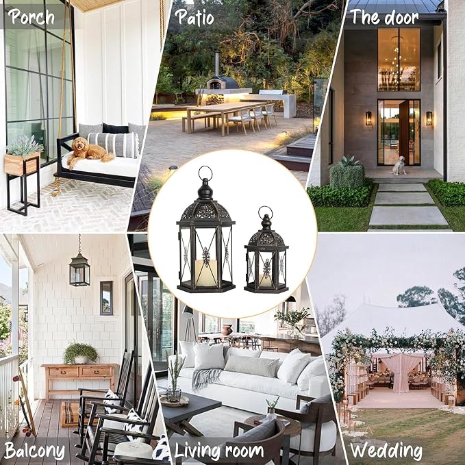 Large Lantern Decorative Outdoor & Indoor, Set of 2 (15’’&10’’) Metal Candle Lanterns Decor, Vintage Hanging Candle Holder for Front Porch Patio Wedding Farmhouse Home, Spring Decoration