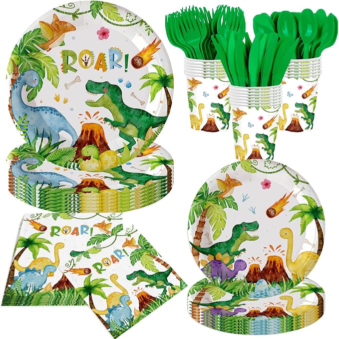 140Pcs Dinosaur Birthday Party Supplies Tableware Set Dinosaur Party Decorations Plates and Napkins Baby Shower Dino Party Paper Plates, Serve for 20
