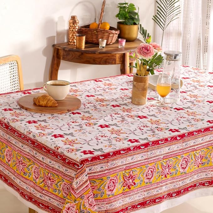Hand Block Printed Tablecloth, Colorful Floral Print, Indian Artisan Handmade Art, Dining Room, Kitchen, Outdoor Décor, (Ruby Rose Charm, 12 Seater 72 x 135 Inches Rectangle)