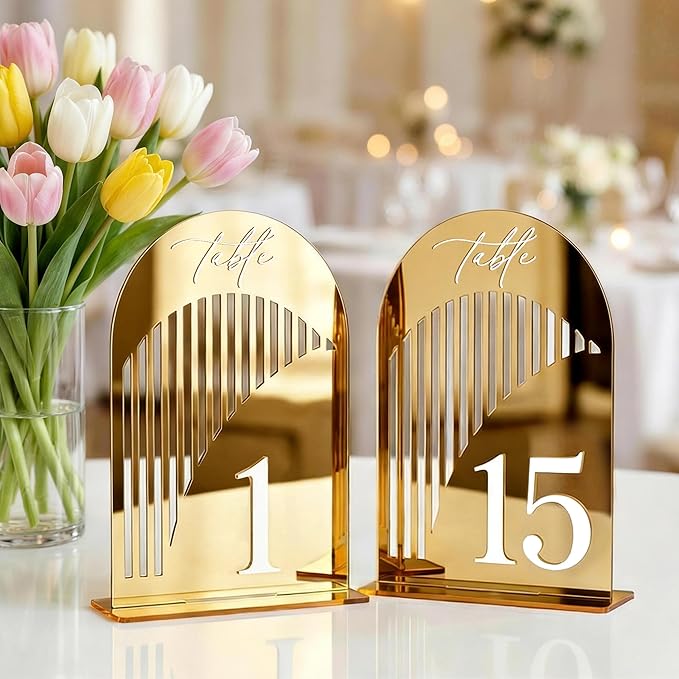 Gold Mirror Arch Wedding Table Numbers 1-15 w/Stand, Gold Mirror 5.5" x 7” Arch Acrylic Signs with Holders, Table Numbers for Wedding Reception, Centerpiece, Anniversary, Party, Event