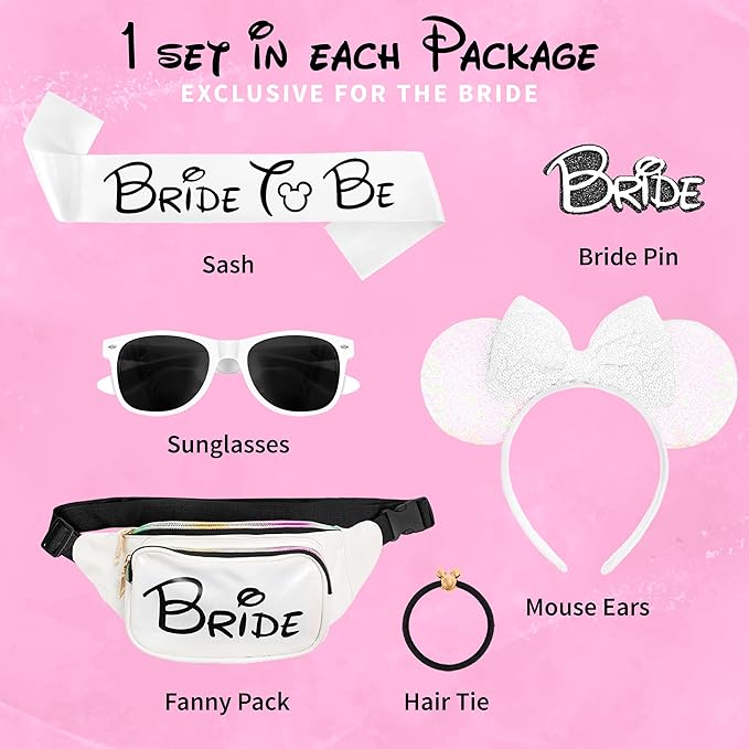 Mouse Ears Set - Bride Accessories - Bachelorette Party Favors - Bride Bachelorette Outfit Accessories to Match Bachelorette Outfit for Bride - Magic Kingdom (Black/White Bride, 1)
