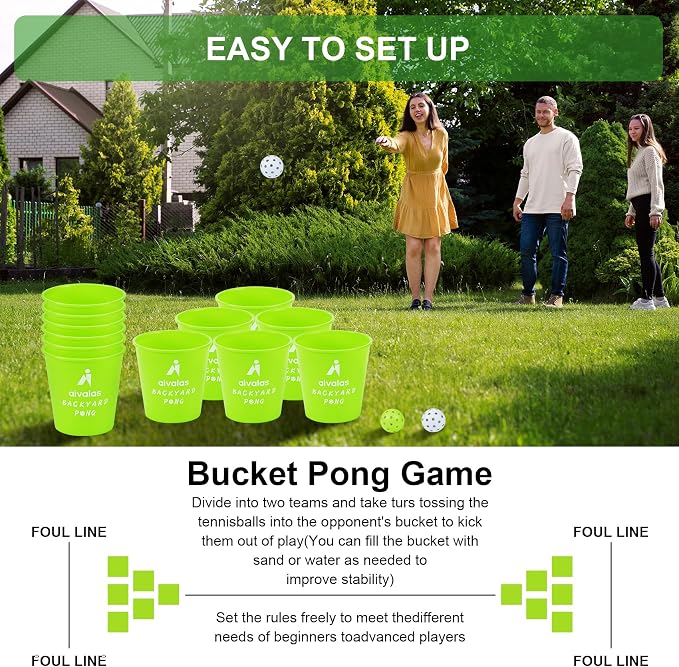 Aivalas Yard Pong Outdoor Games Glow Set in Dark, Giant Yard Pong Game for Adults and Family with 12 Buckets, 4 Balls and a Carrying Bag, Giant Pong for Beach, Camping, Lawn and Backyard
