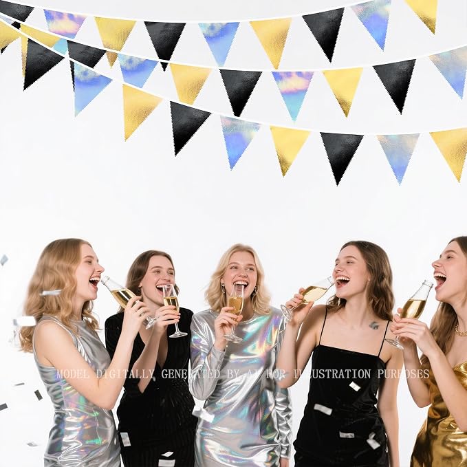 Black Gold Iridescent Party Decorations Triangle Pennant Banner Flag Metallic Fabric Bunting for Birthday Graduation Retirement Wedding Bridal Shower Engagement Bachelorette Disco Party Supplies