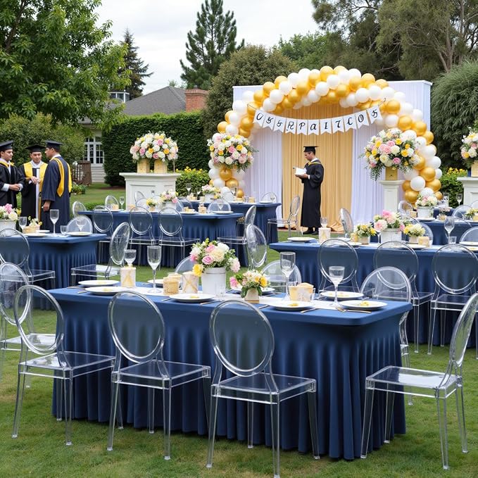 Outpain 8ft Spandex Table Cloth for Standard Folding Tables-4Pack Navy Blue Table Cloth Table Protector for Party, Wedding, Cocktail, Banquet, Festival