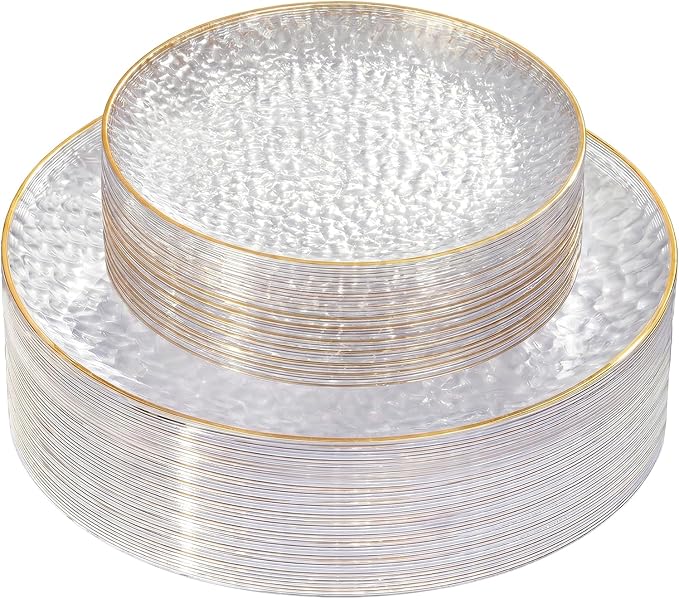 Rubtlamp 60Pcs Clear Plastic Plates,Clear Disposable Plates With Gold Rim,Heavy-duty Gold Plates,Hammered Party Plates Include 30Clear Dessert-Platos,30Dinner-Platos for Wedding, Party