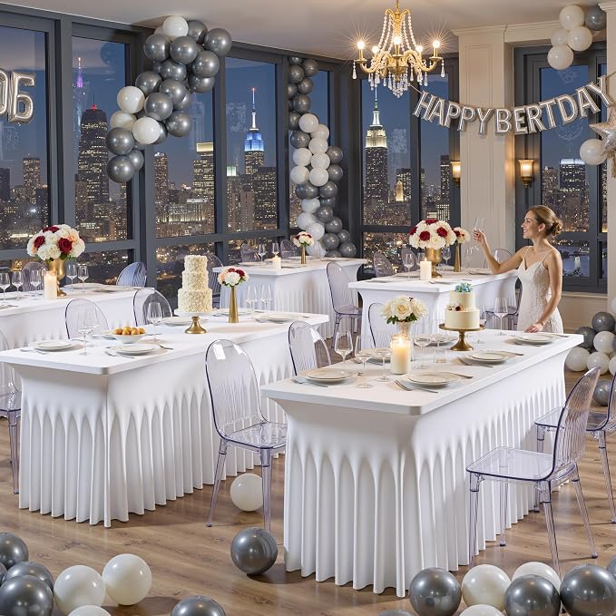 White Spandex Table Cloth for 6 Foot Rectangle Tables, 1 Pack Wrinkle Free Fitted Table Cover 6ft Tablecloth Stretchy Table Skirt for Parties Weddings Banquet Birthday Baby Shower
