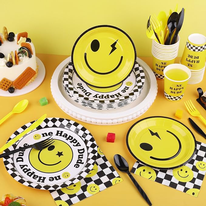 Kochorie 400 Pieces One Happy Dude Disposable Party Tableware Sets Including Plates Cups Napkins Cutlery Serves 50 for Smiley Party 1st Birthday Preppy Party Decorations