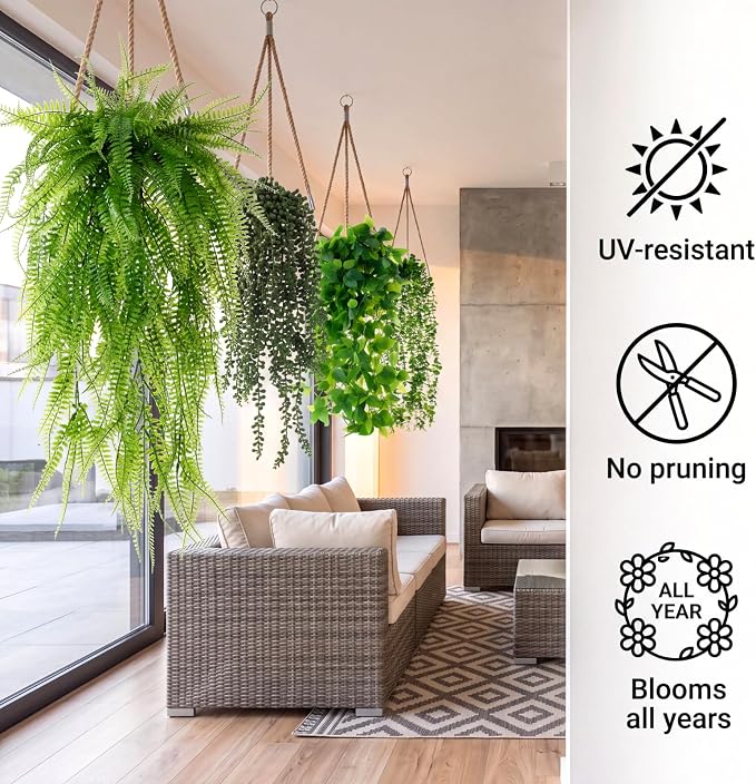 Daifunli 60 Pcs Artificial Hanging Plants Fake Hanging Ferns Plastic Fake Plant for Wall Room Garden Garland Indoor Outdoor Decor No Basket (Boston,Eucalyptus,Ivy Vine,String of Pearls)