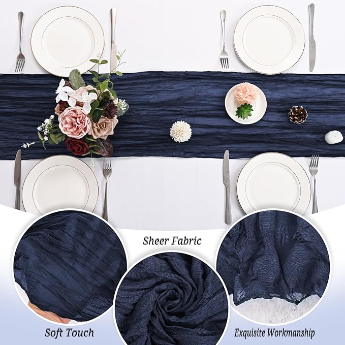 12 Pack Navy Blue Cheesecloth Table Runner 120 inch Fall Thanksgiving Boho Rustic Gauze Farmhouse 10FT Cheese Cloth Runner for Baby Shower Wedding Party Holiday Home Decor