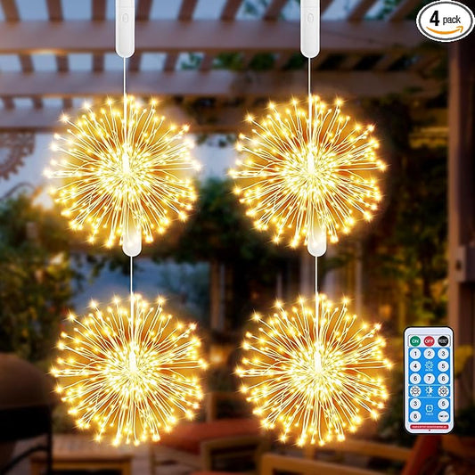 4 Pcs Hanging Firework Lights: Twinkle Fairy String Lights with Remote, 480 LED 8 Modes Dimmable, Indoor Outdoor Battery Operated Starburst Light for Garden, Patio, Party Xmas Decor