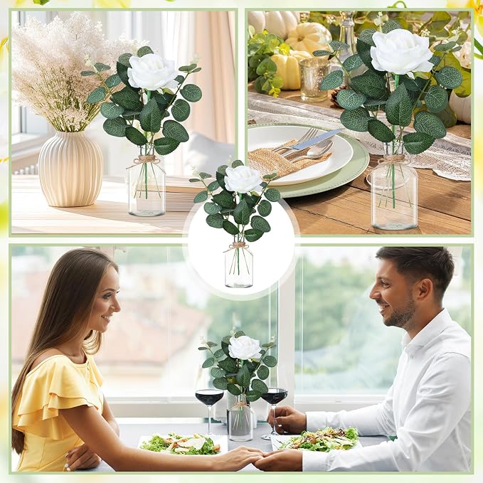 10 Set Vases Glass Centerpiece for Table 10 Small Clear Glass Vases 10 Artificial Roses 30 Leaves with Rope Flower Centerpieces for Wedding Arrangement Party Home Decoration(White)
