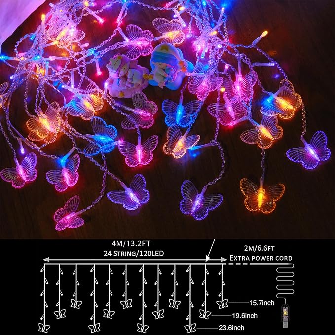 Butterfly Curtain Fairy Lights USB Plug in,8 Modes 120 LED 19.7FT Firefly Twinkle Timer String Lights with Remote, Waterproof Copper Wire for Bedroom Patio Christmas Wedding Party (Multi-new)
