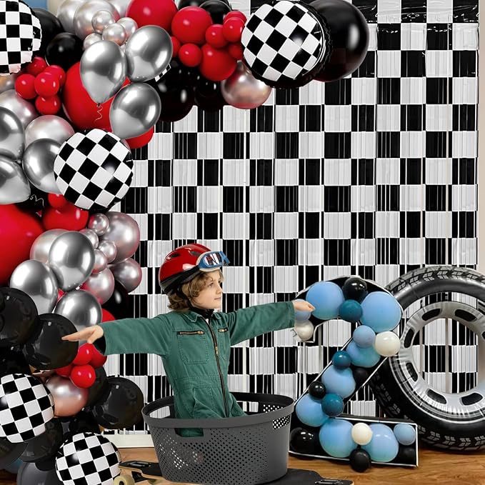 Race Car Balloon Garland Arch Kit Birthday Party Decorations, Black White Checkered Foil Fringe Curtains Backdrop Tinsel Streamer Photo Booth Props Racing One Happy Dude Party Decor Favors Supplies