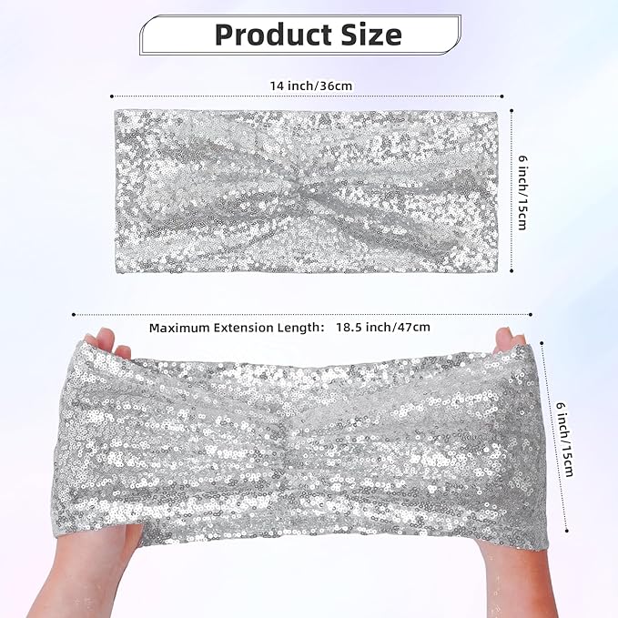 Poise3EHome Silver Sequin Chair Sashes, Double Sided Glitter Folding Chair Covers Bow for Party Wedding Banquet Reception Decorations, 10 PCS