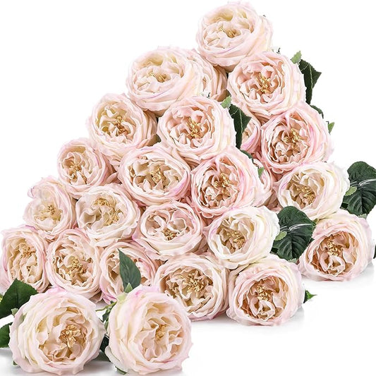Giegxin 20 Pcs Real to Lifelike Peonies Austin Roses Artificial Flowers, Faux Look Real Long Stems Fake Flower with Big Blooms for Christmas Valentines Wedding DIY Arrangement Home Decor(Light Pink)
