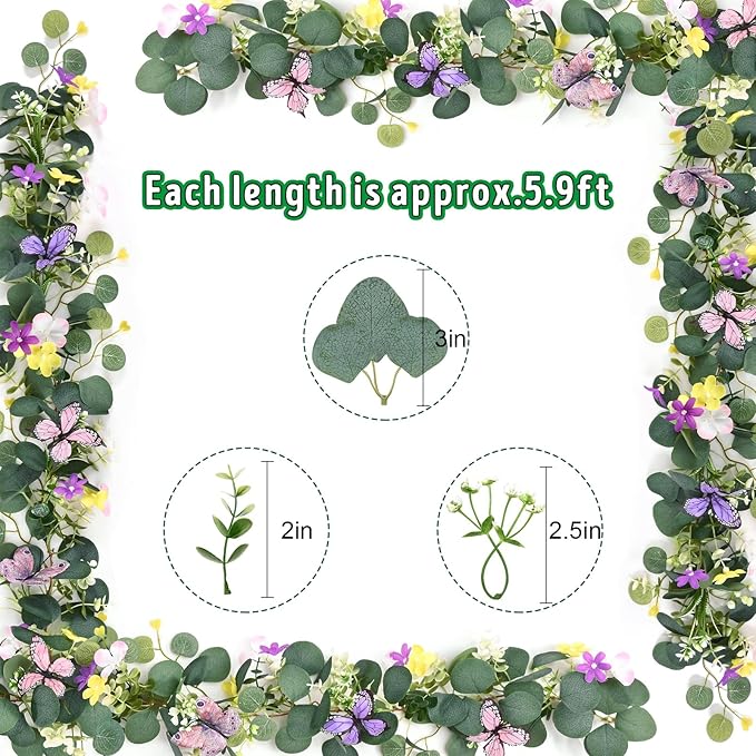 Waipfaru 4Pcs Eucalyptus Garland with Daisy 3D Butterfly, Green Garland with Flowers, 5.9FT Artificial Faux Eucalyptus Leaves Vines for Table Mantle Home Wedding Party Indoor Outdoor Decor