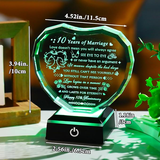 Arikyrist 10th Wedding Anniversary Crystal Heart Gifts for Couple, Laser Engraved Happy 10th Anniversary Crystal Gifts for Wife Husband, Romantic 10 Years of Marriage Gift for Him Her Friends
