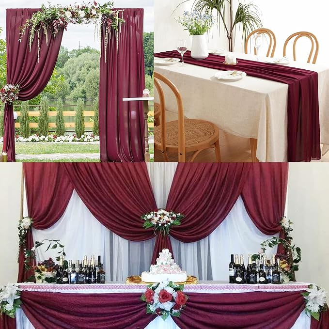 Fivenl 12 Pack Chiffon Table Runner - 12 x 120 Inches Sheer, Romantic for Wedding, Birthday, Party & Baby Shower Decoration (Burgundy)
