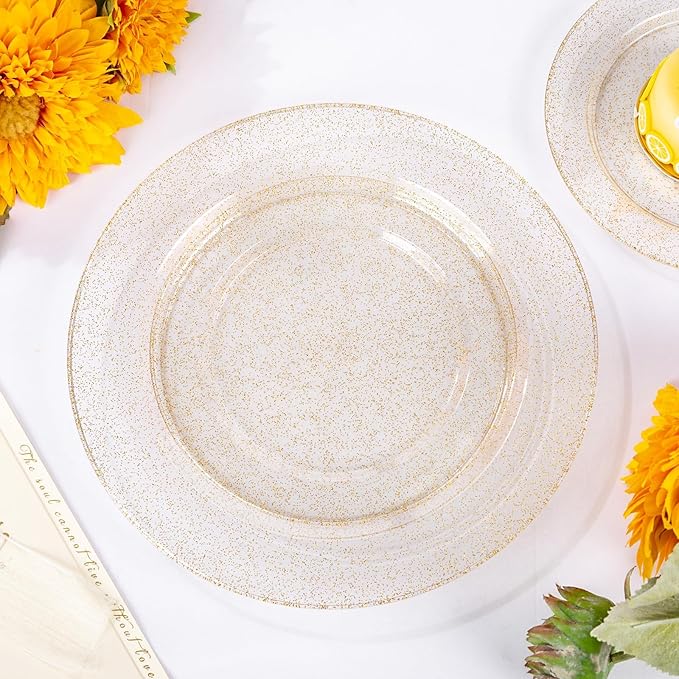 WDF 200PCS Gold Plastic Plates - Gold Glitter Plastic Plates - Heavy Duty Gold Glitter Disposable Plates - Include 100 Dinner Plates 10" and 100 Dessert Plate 7" for Wedding Spring Birthday