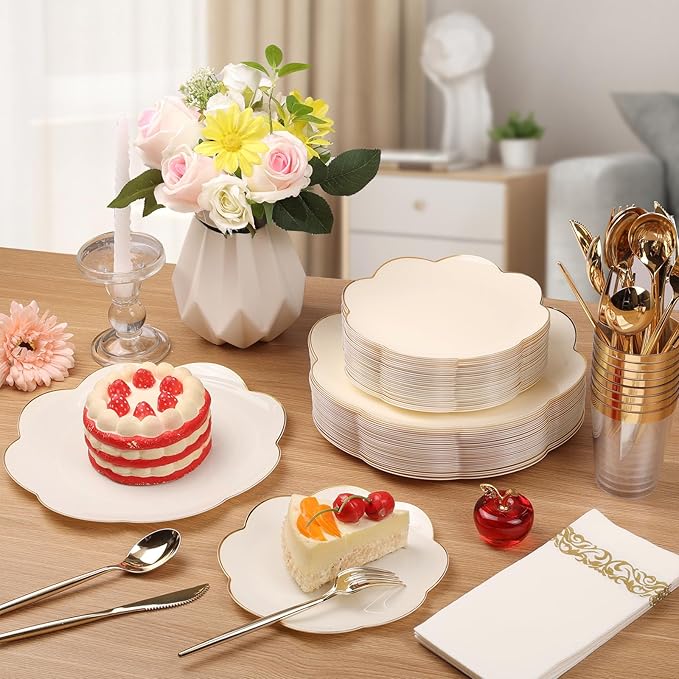 supernal 60pcs Ivory Gold Plastic Plates, Elegant Scalloped Disposable Dinnerware Set (30 Dinner & 30 Dessert Plates) - Heavy Duty Cream Floral Plates for Wedding, Bridal Shower, Mother's Day&Parties