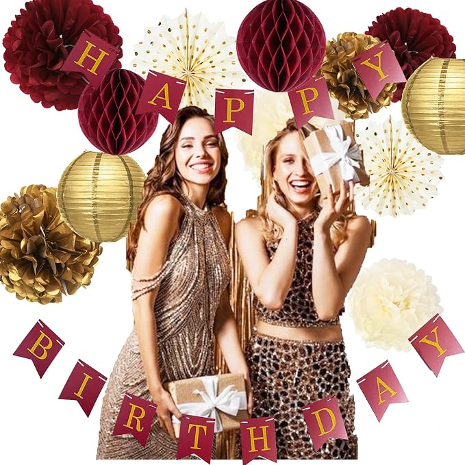 Burgundy Gold Birthday Party Decorations for Women/Maroon Gold HAPPY BIRTHDAY Banner Polka Dot Fans for Fall Women 30th/40th/50th Birthday Decorations Maroon