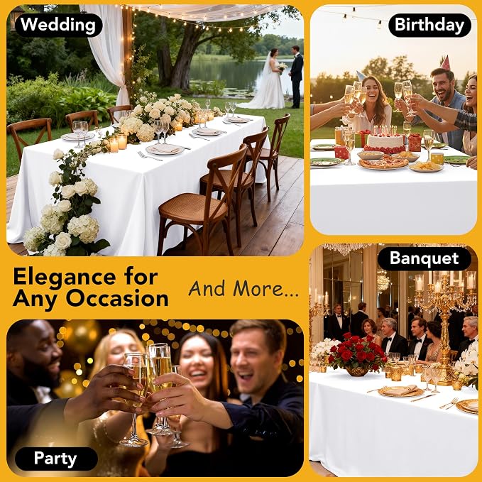 6-Pack White Tablecloths for Rectangle Tables, 60 x 120 Inches, Stain-Resistant Polyester Fabric for 6 Foot Tables - Washable Table Covers for Weddings, Banquets, Birthday, Parties, Events