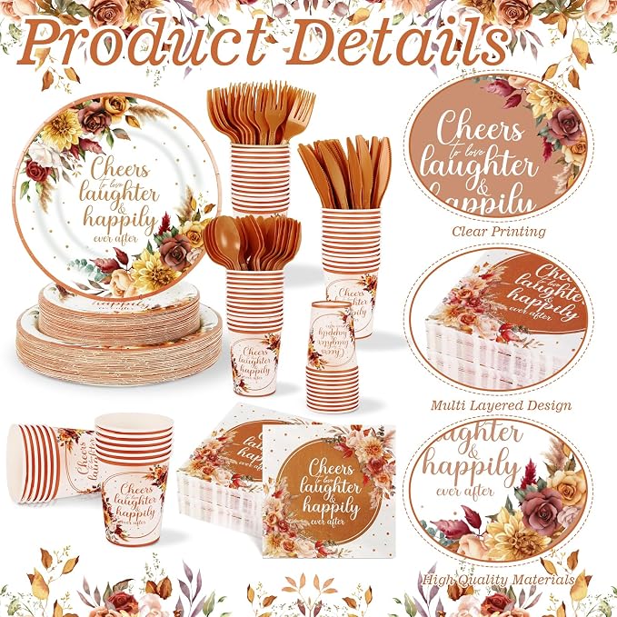 350 Pcs Boho Fall Wedding Bridal Shower Paper Plate Autumn Vintage Rose Pampas Grass Disposable Tableware Set With Knives Fork Cheers to Love Bachelorette Party Favor for 50 Guest