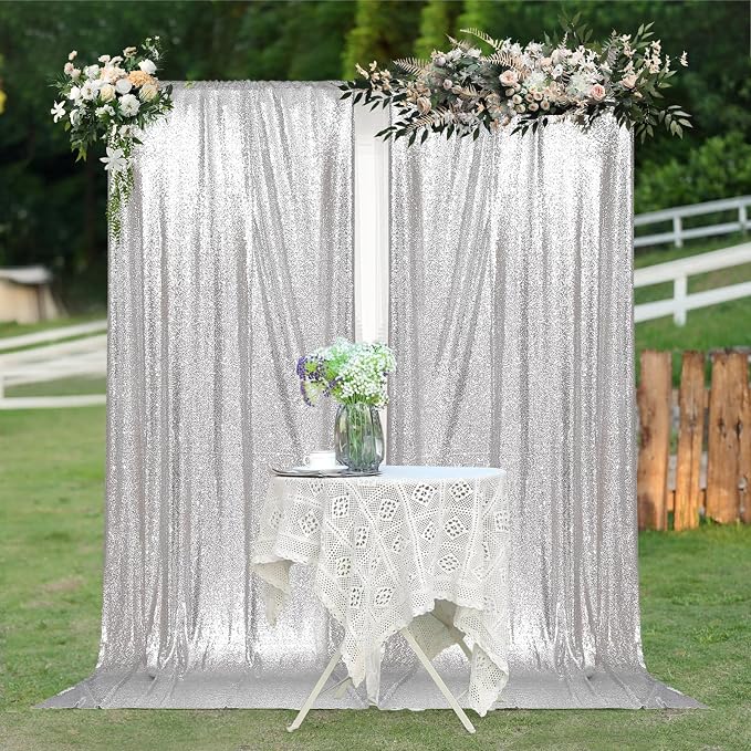 PartyDelight Silver Sequin Backdrop 5x10ft 2 Panels 4 Inch Rod Pocket | Dense 3mm silver sequins on mesh backing with 4 inch rod pocket for wide reception walls head tables stages and layered event