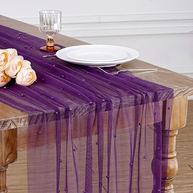 Pearl Gauze Table Runner Tulle Fabric: 10ft Seasonal Dessert Chiffon Pearl Lace Boho Overlay Wedding Veil Outdoor Wedding Aisle Runner Party Decorations Doilies, Light Yellow