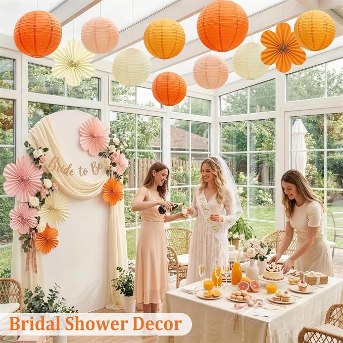 Pink and Orange Party Decorations, 18Pcs Paper Lanterns & Flower Fans Set | 8"-14" layered hanging decor for one sweet birthdays, sunset parties, citrus spritz themes, bridal showers and baby showers