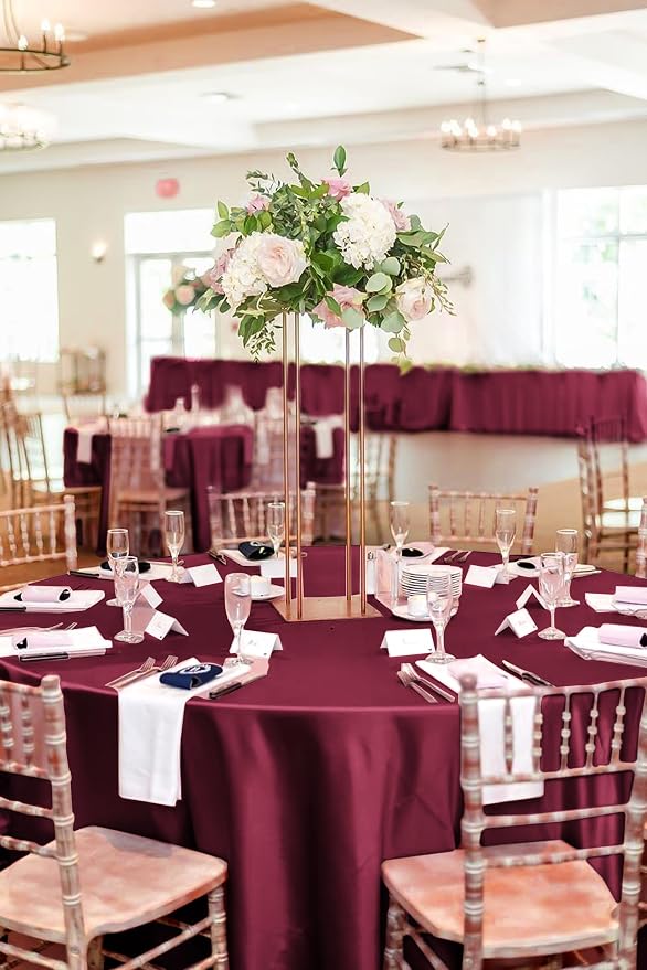 12 Pack 108 Inch Round Tablecloth, Burgundy Satin Fabric Tablecloth for Round Tables, Wrinkle Resistant Washable Table Cover Bright Silk Table Clothes for Wedding Party Dining Tables Banquet