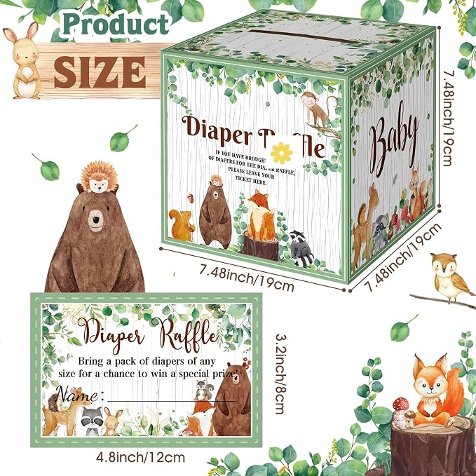Teling 51 Pieces Diaper Raffle Tickets with Card Box Baby Shower Decorations Baby Shower Holder Box for Girl Boy Diaper Raffle Party(Woodland Animal)
