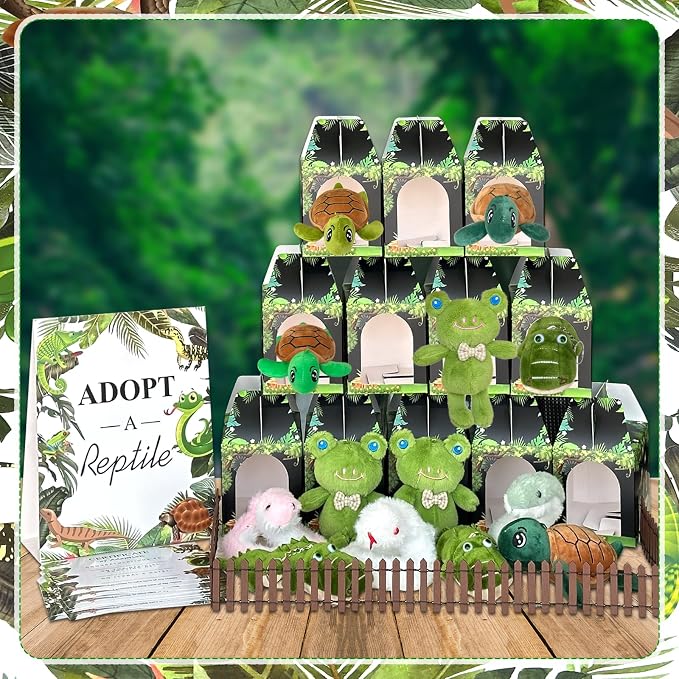 38 Pcs Adopt a Pet Reptile Party Favors Include 12 Safari Reptile Plush 12 Foldable Boxes 12 Cards 1 Sign 1 Fence for Adopt an Animal Party Favors Amphibian Supplies Kit