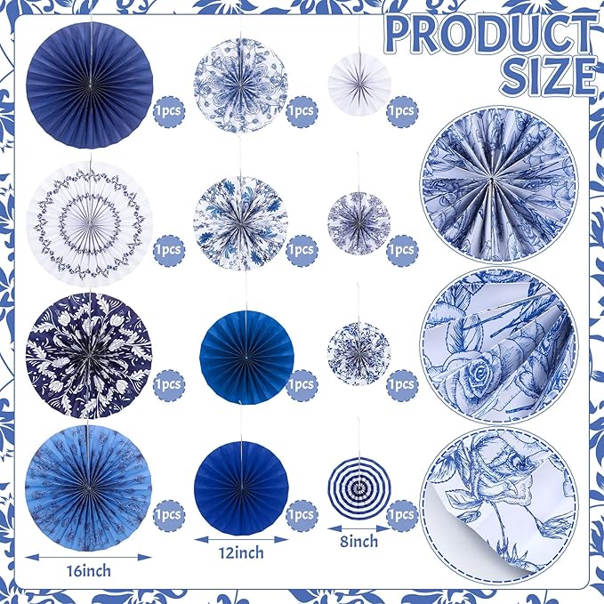 Feifeiya 12 Pcs Chinoiserie Hanging Paper Fans 8'' 12'' 16'' Blue and White Floral Paper Fans Set Round Porcelain Print Hanging Decorations for Birthday Wedding Events Party