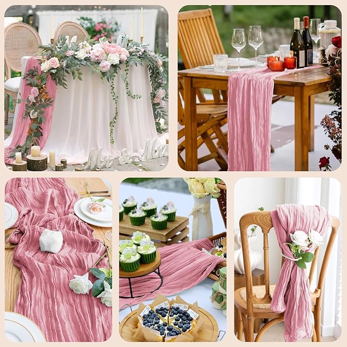 2PCS Table Runner Cheesecloth 10FT Pink Boho Gauze Cheese Cloth Rustic Sheer Table Runners for Wedding Birthday Bridal Baby Shower Party Decoration