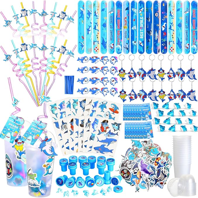 Qilery 195 Pcs 16 Guests Shark Birthday Party Favors for Kids Includes Plastic Cup with Lid Straw Keychain Bracelet Ring Stamper Stickers Tag for Party Favors Piñata Filling