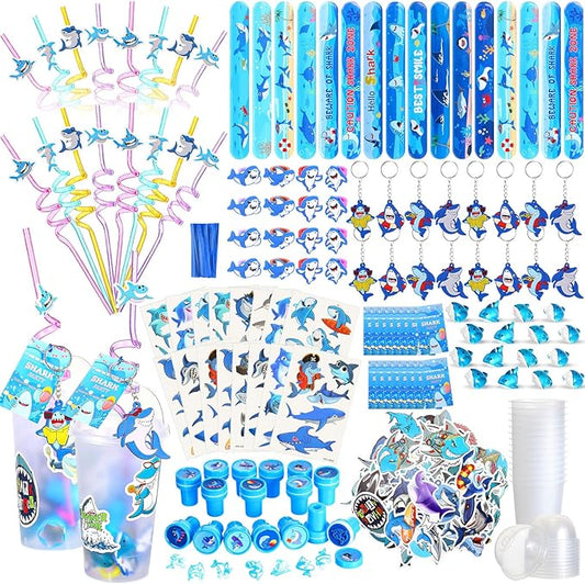 Qilery 195 Pcs Shark Party Favors Bags Birthday Includes Plastic Cup with Lid Straw Keychain Bracelet Ring Stamper Stickers Tag for Party Favors Piñata Filling