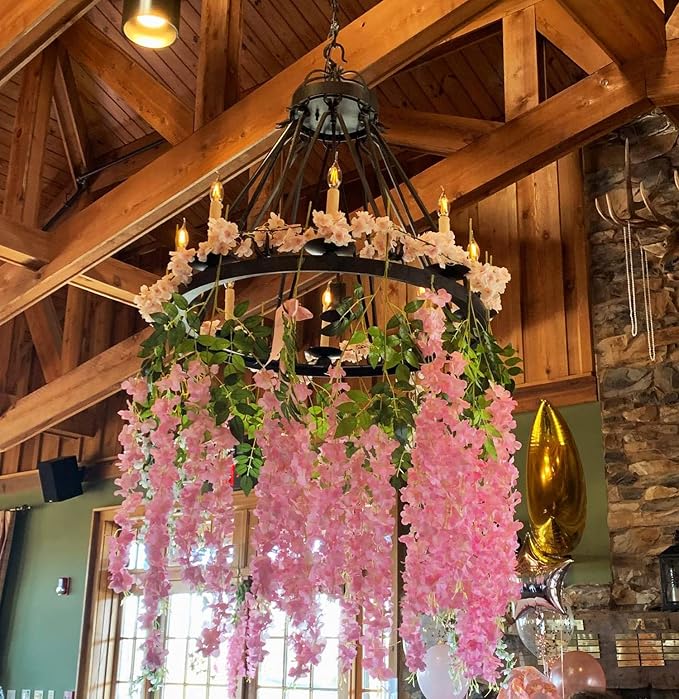 Artificial Wisteria Hanging Flowers Fake Wisteria Flower Garland Silk Vines Rattan Decor for Home Wedding Arch Wall Garden Greenery Bedroom Outdoor Office Party Decoration (24, Pink)