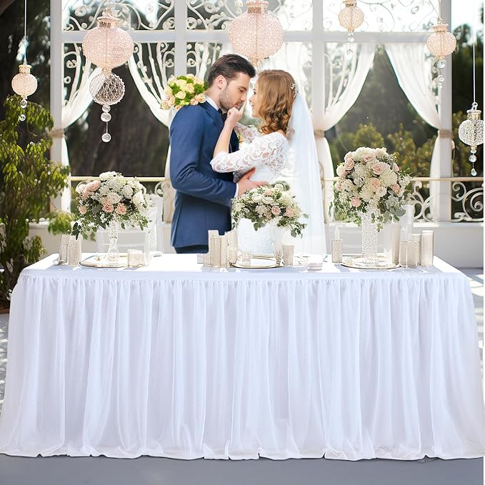 4 Pack White Tulle Tablecloth Table Skirt for 6 Foot Rectangle Tables, Wedding Table Cloths Ruffle Tutu Table Skirt Stretch Fitted Table Covers for Parties Birthdays Baby Shower Celebration Banquet