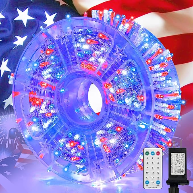 LAMPHOME 165ft 500 LED Red White and Blue Patriotic String Lights, 16 Modes Red White Blue Lights Plug in, 4th of July Lights Outdoor for Independence Day Memorial Day 4th of July Decoration